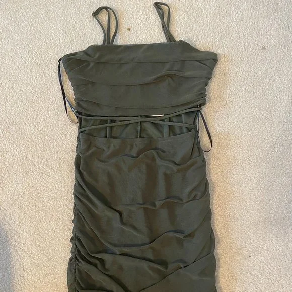 open lace back dress Olive Green Formal Dresses Straps Ruched Floor Length Sheath Formal Dr